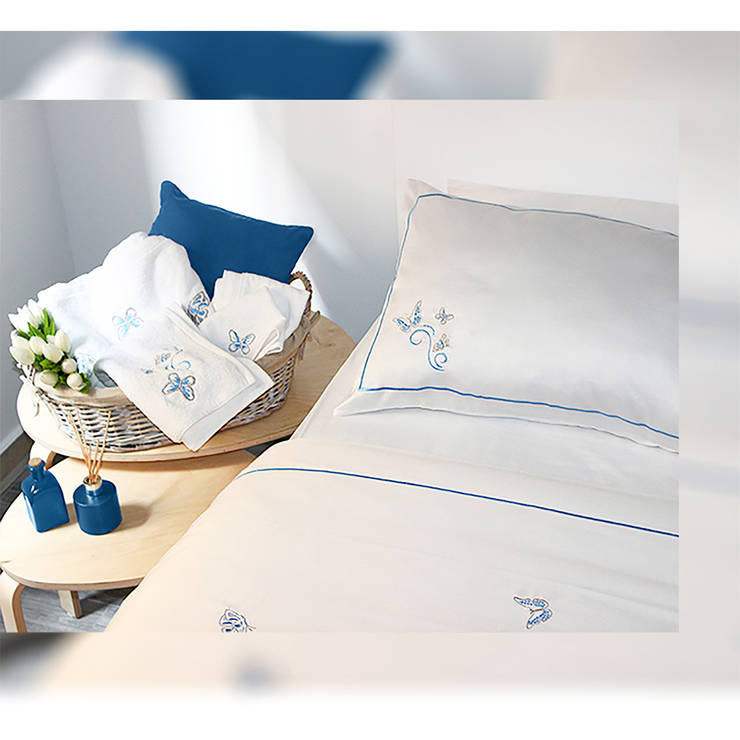 Blue Butterfly Embroidered Bed Set